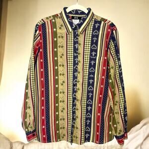 VTG 90s Tapestry Western Print Button Down Shirt Women’s L Roll Tab Sleeves